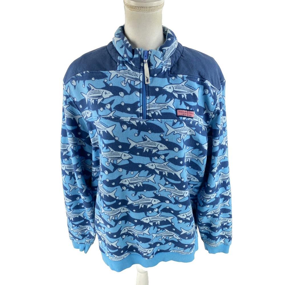 Vineyard Vines Mens L Fish AOP Printed‎ 1/4 Zip Pullover Fleece Sweatshirt